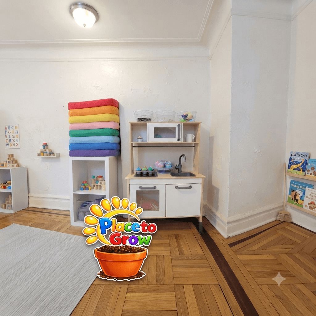 Clean wooden play kitchen and toy cupcakes at Place To Grow Bronx