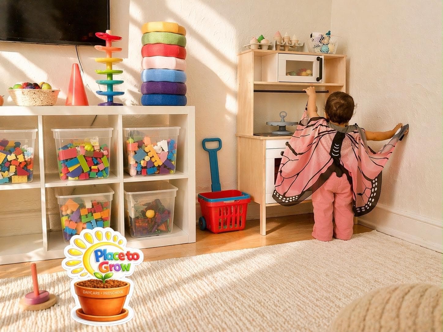 Toddler exploring Montessori play kitchen at Place To Grow in the Bronx